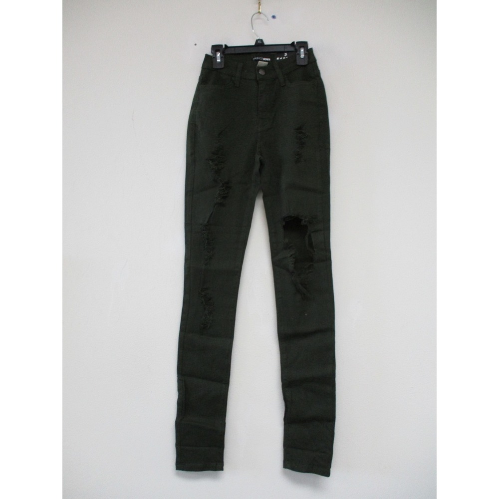 Fashion Nova Jeans Juniors 3 Green Distressed High Rise Skinny Utility Ripped